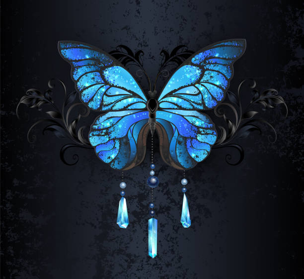검은 색 배경에 블루 모포 나비 - moth black artificial wing wing stock illustrations