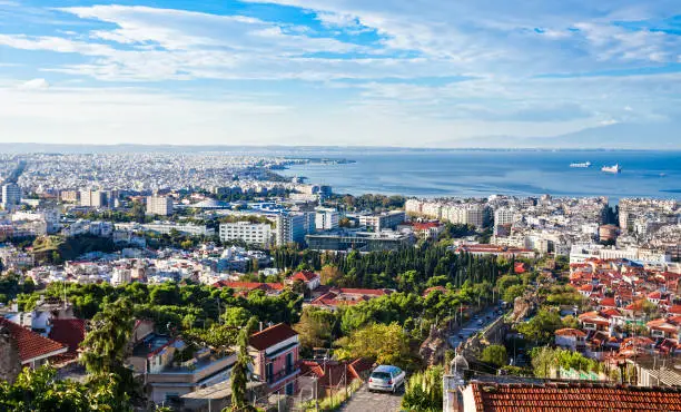 Thessaloniki aerial panoramic view. Thessaloniki is the second largest city in Greece and the capital of Greek Macedonia.