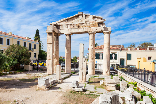 The Gate of Athena Archegetis is situated west side of the Roman Agora in Athens, Greece