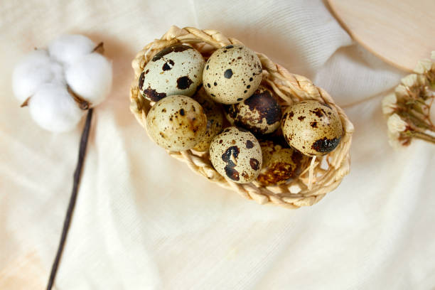 istock Easter flat lay composition with cotton flowers and easter eggs in a small basket 1307196138