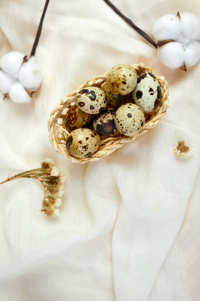 istock Easter flat lay composition with cotton flowers and easter eggs in a small basket 1307196143