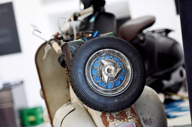 A classic Vespa motorcycle from behind at a Vespa meeting in Vorchdorf, Salzkammergut, Austria, Europe