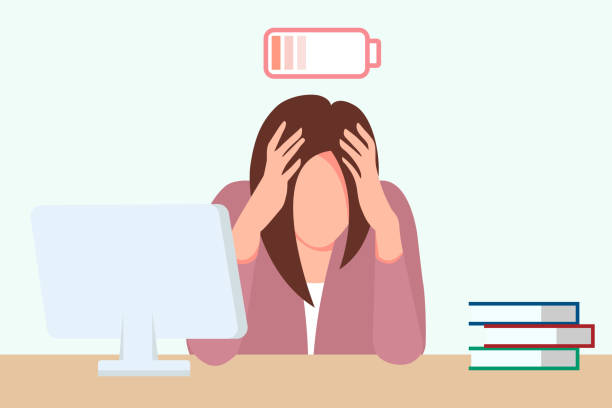 illustrations, cliparts, dessins animés et icônes de le syndrome professionnel d’épuisement professionnel a affligé une femme fatiguée s’asseyant à son bureau, retenant sa tête - business businesswoman distraught backgrounds