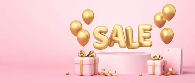 3d rendering of sale banner on pink background. Sale word, balloons, shopping bag, gift boxes, golden ribbon elements laying around. 3d rendering