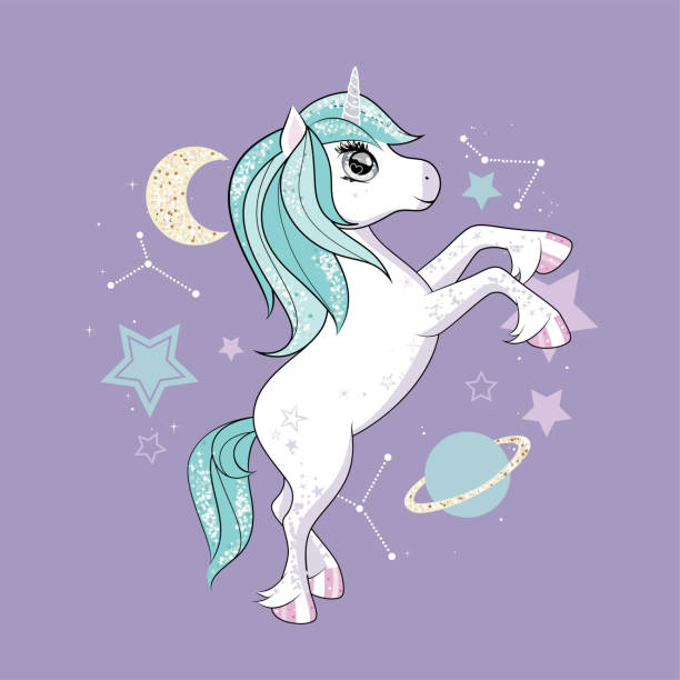 istock Cute unicorn with glittering and rainbow hair over purple background with stars. Vector. 1307200950