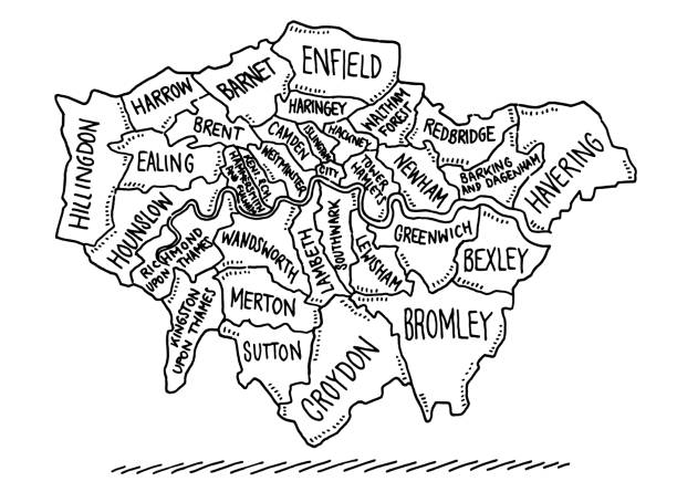 Map Boroughs Of London Drawing Hand-drawn vector drawing of a Map of the Boroughs Of London. Black-and-White sketch on a transparent background (.eps-file). Included files are EPS (v10) and Hi-Res JPG. central london stock illustrations