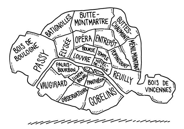 ilustrações, clipart, desenhos animados e ícones de mapa arrondissements of paris drawing - pantheon paris paris france france europe