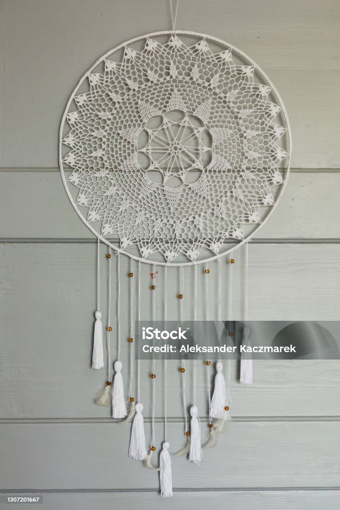 Lacy Dream Catcher Hanging On A Gray Door Lacy white dream catcher hanging on gray door. Art Stock Photo