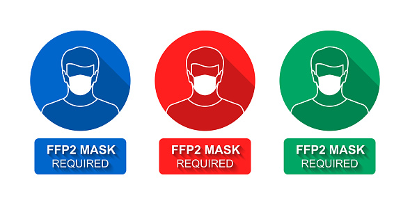 Person wearing FFP2 face mask as a sign, icon or sticker concept in flat design with long shadow, isolated on white background