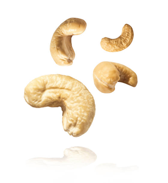 fresh cashew nut falling in the air stock photo