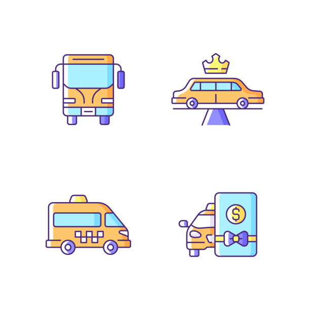 도시 대중 교통 rgb 색상 아이콘 세트 - cartoon city town car stock illustrations