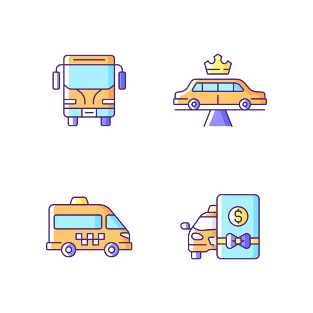 miejski transport publiczny rgb ikony kolorów zestaw - cartoon city town car stock illustrations