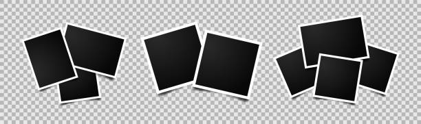Set of empty photo frames compositions. Set of empty photo frames compositions. Realistic vector mockups. Retro photo frames with shadow isolated on transparent background. polaroid camera stock illustrations