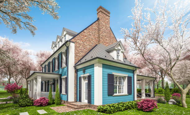istock 3d rendering of modern classic house in colonial style in spring day 1307204567