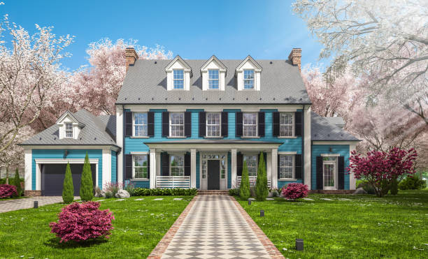istock 3d rendering of modern classic house in colonial style in spring day 1307204572