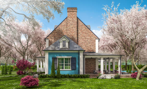 istock 3d rendering of modern classic house in colonial style in spring day 1307204605