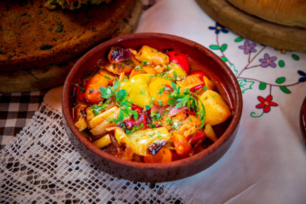 istock Fried and grilled vegetables in pottery bowl on restaurant table 1307205404