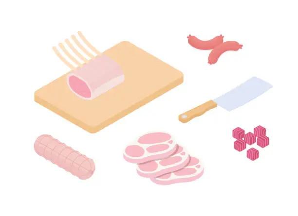 Vector illustration of Meat preparation set isometric vector illustration