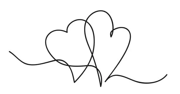 Vector illustration of Hearts. Continuous line art drawing. Friendship and love concept. Best friend forever. Black and white vector illustration