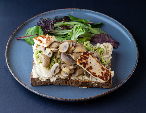 A Plate Of Healthy Breakfast, Vegetables, Bread, Sauce, Brown Bread, Avocado, Basil, Tomatoes, Cheese, Dill, Cultivated Mushroom, Arugula Plant, vegetarian, Lettuce