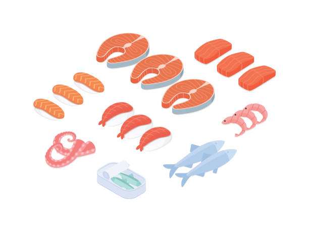 Fish and seafood set isometric vector illustration Fish and seafood set, fish market. Isometric vector illustration in flat design. anchovy stock illustrations