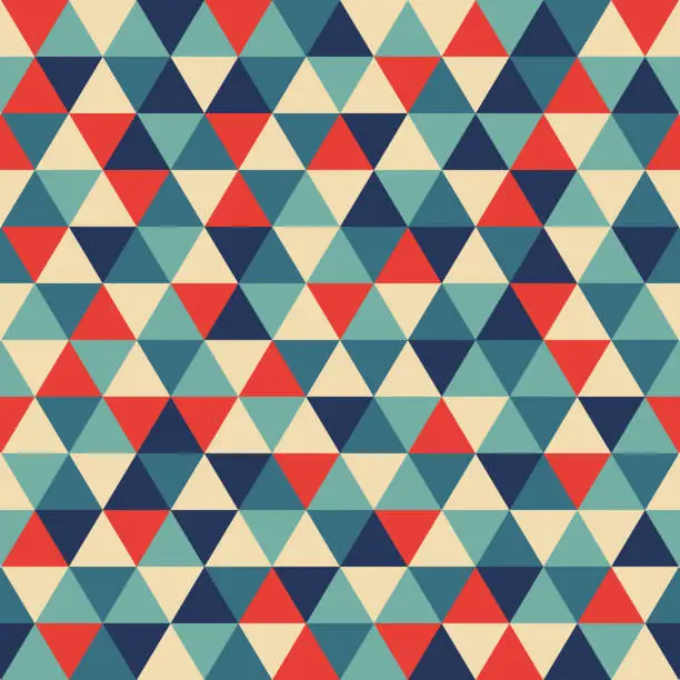 Vector illustration of Retro geometric triangle seamless repeating background pattern in vector format. Mosaic of red, turquoise, teal, beige and navy blue.