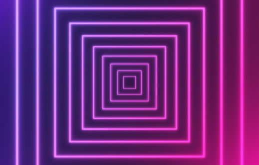 Glowing abstract square purple and pink gradient depth background zoom.