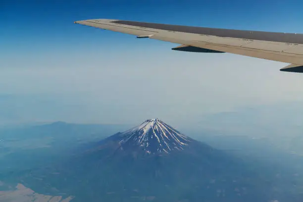Photo of Airplane wing flying over Fuji mountain in Japan
