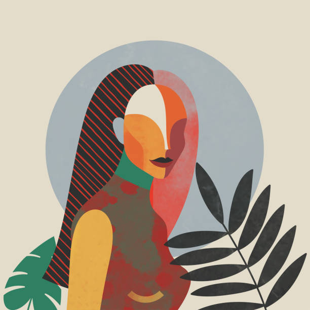 ilustraciones, imágenes clip art, dibujos animados e iconos de stock de ilustración abstracta de retrato de mujer de primavera con diferentes texturas. - cubismo
