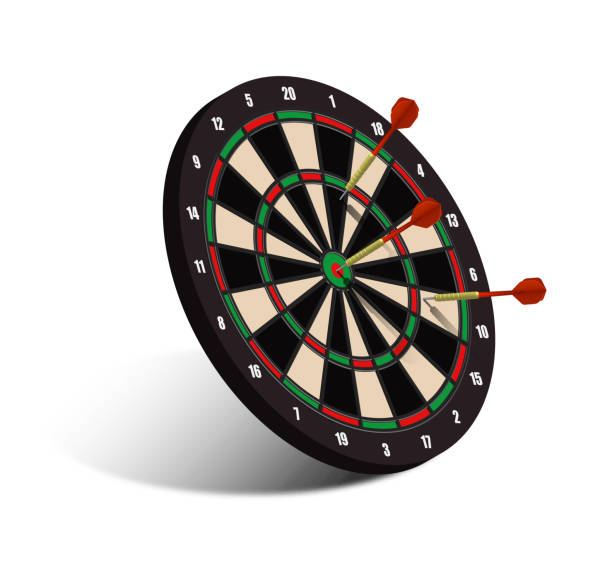 czerwone strzałki dart w centrum celu sportowego. cel z czarnej i białej tablicy. realistyczny wektor 3d - dartboard bulls eye vector pub stock illustrations