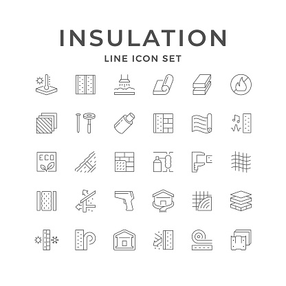 Set line icons of insulation isolated on white. Soundproof material, foam, home construction, brick wall, thermal imager, house renovation, membrane, rockwool, energy saving. Vector illustration
