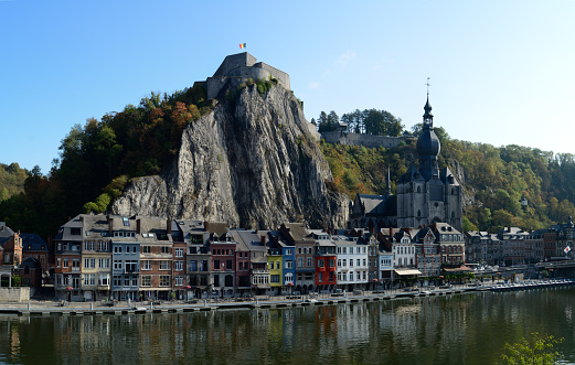 View on buildings in small Belgian town Dinant on Meuse river in Walloon, Belgium
