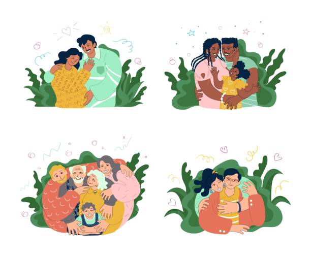 Four happy families hugging. Latin american, african american, european, caucasian, asian. Parenthood, pregnancy, couples, elderly and young people together. Doodle style vector illustration. Various ethnicity happy families hugging. Latin american, african american, european, caucasian, asian. Loving parents, pregnancy, couple, elderly and young people together. Doodle vector illustration hispanic family stock illustrations