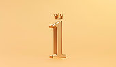 Gold number 1 and golden king crown award on success background with best of champion concept. 3D rendering.