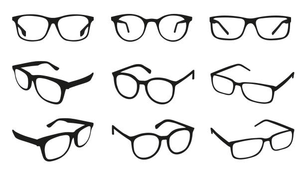 очки иконки - различные угол зрения - черный вектор иллюстрация набор - изолированные на белом фоне - sun protection glasses glass stock illustrations