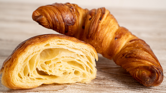 Perfect morning empty croissant. Croissants and other viennoiserie are made of a layered yeast-leavened dough. High quality photo