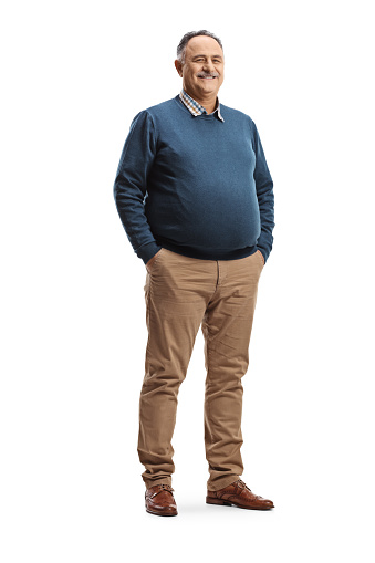 Full length portrait of a corpulent mature man posing isolated on white background