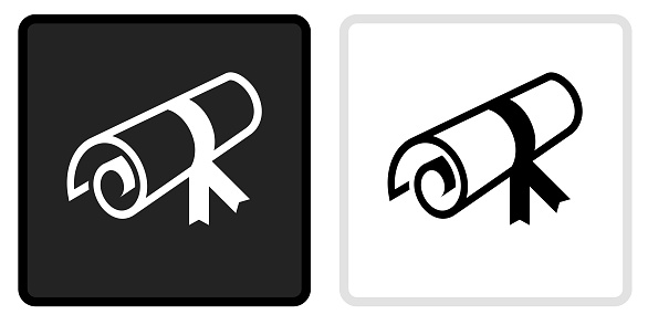 Diploma Icon on  Black Button with White Rollover. This vector icon has two  variations. The first one on the left is dark gray with a black border and the second button on the right is white with a light gray border. The buttons are identical in size and will work perfectly as a roll-over combination.