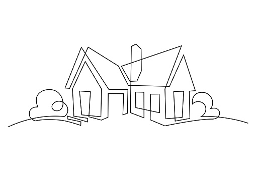 Abstract country house in continuous line art drawing style. Family home minimalist black linear design isolated on white background. Vector illustration