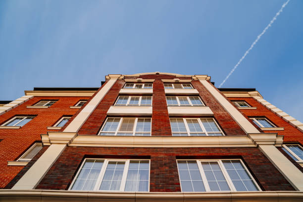 typical low-rise apartment building. construction of affordable housing. mortgage lending for a young family.