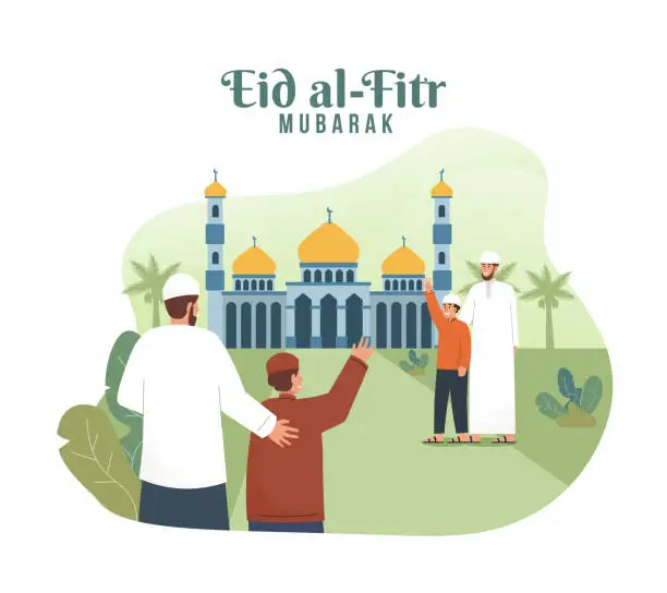 Vector illustration of Muslim people are going to mosque while greeting each other