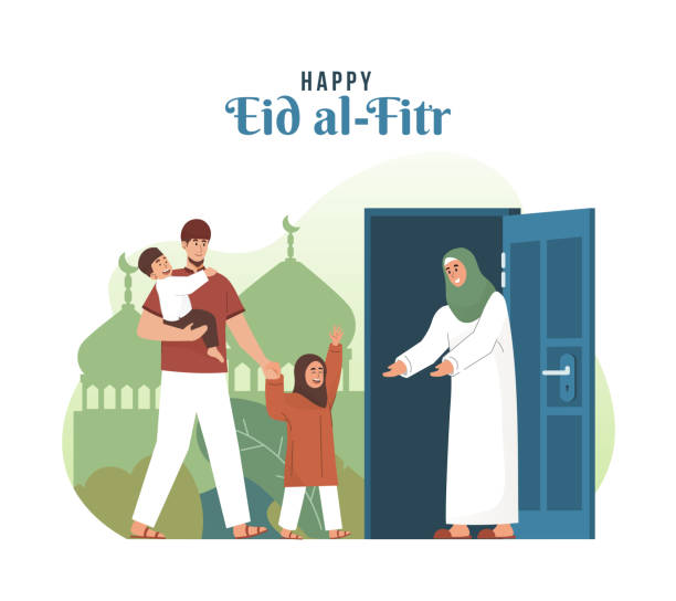 Happy muslim children with their parents Eid mubarak flat cartoon character illustration muslim family stock illustrations