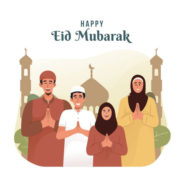 Happy muslim family greeting and celebrating Eid mubarak Eid al-fitr mubarak flat cartoon character illustration muslim family stock illustrations