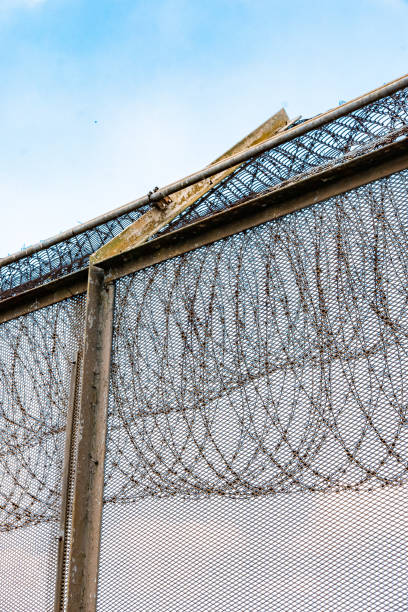 istock Fence with barbed wire in jail against blue sky 1307224657