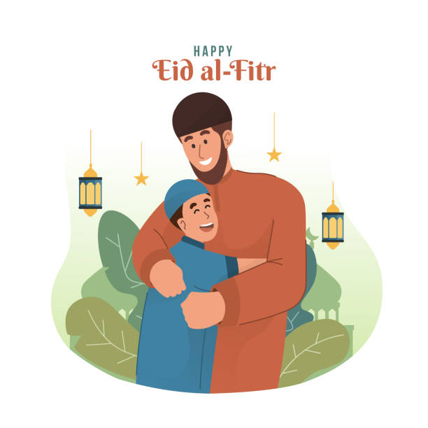 Happy muslim boy embrace his father Eid mubarak flat cartoon character illustration muslim family stock illustrations