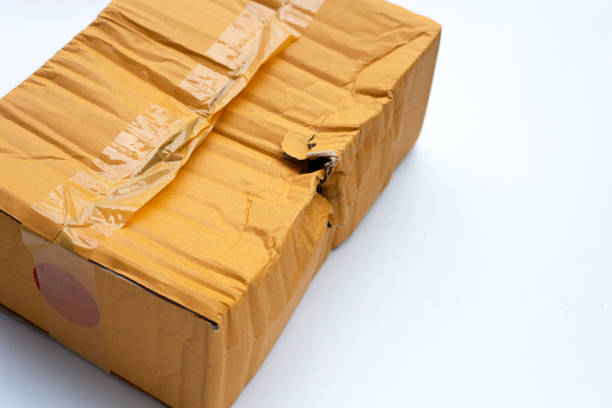 istock Damaged cardboard box with hole on white . 1307226083