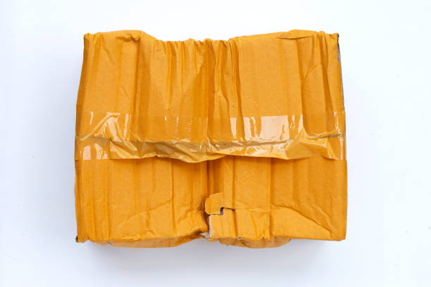 istock Damaged cardboard box with hole on white background. 1307226107
