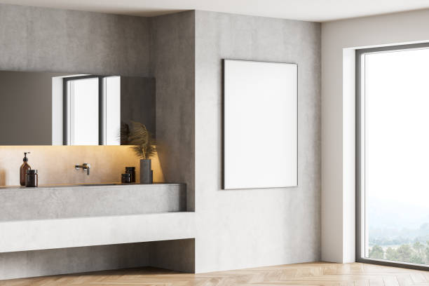 istock Mockup frame in light wooden bathroom with sinks and mirror, parquet floor 1307226584