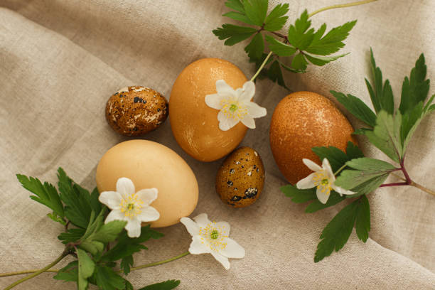 istock Happy Easter! Modern brown easter eggs with spring flowers on rustic linen cloth. Aesthetic 1307227859