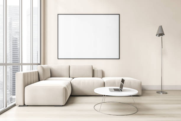 istock Mockup canvas in light living room with white sofa on parquet floor 1307227866